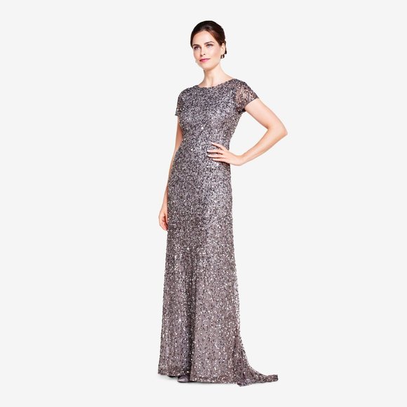 Adrianna Papell Dresses & Skirts - Adrianna Papell Sequined Scoop Back Gown In Lead S